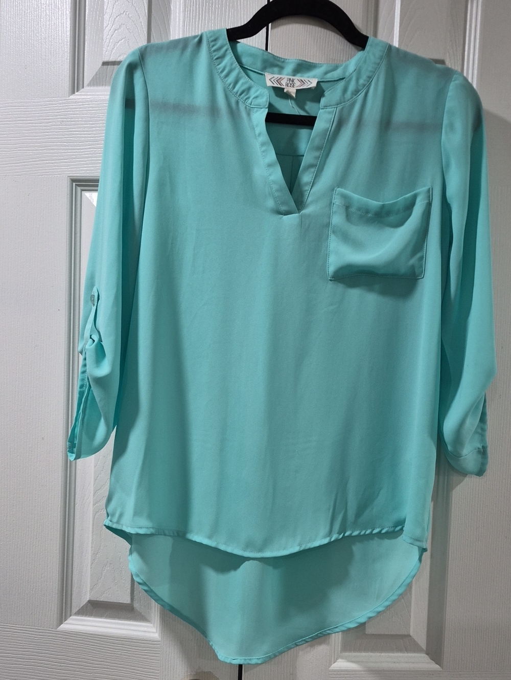 Pink Rose Mint V-Neck Roll-Tab Pocket Tunic